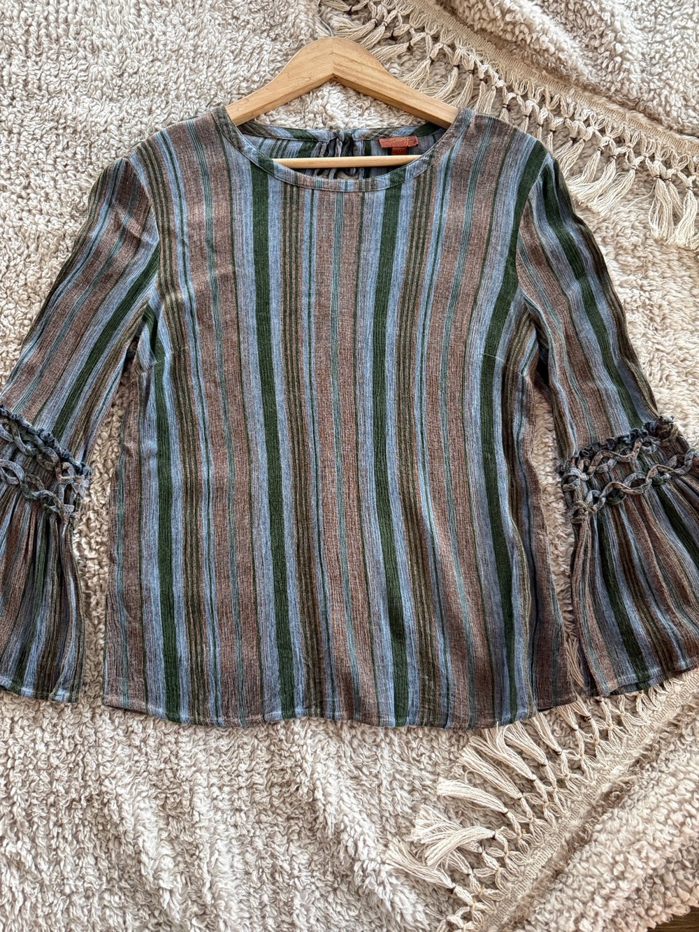 Scully Women’s M Striped Bell Sleeve Boho Blouse Blue Green Brown Rayon Top